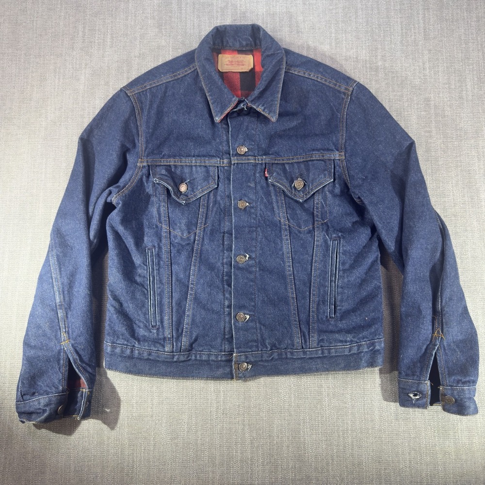 Vintage Levis Denim Trucker Jacket Mens 42 Blue Plaid Lined 70411 Made USA